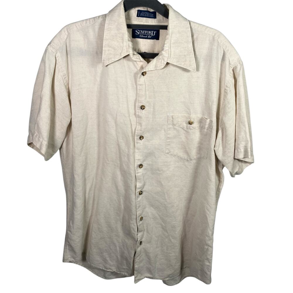 Stafford Mens 16 Linen Cotton Short Sleeve Button Down Shirt Cream Casual Safari